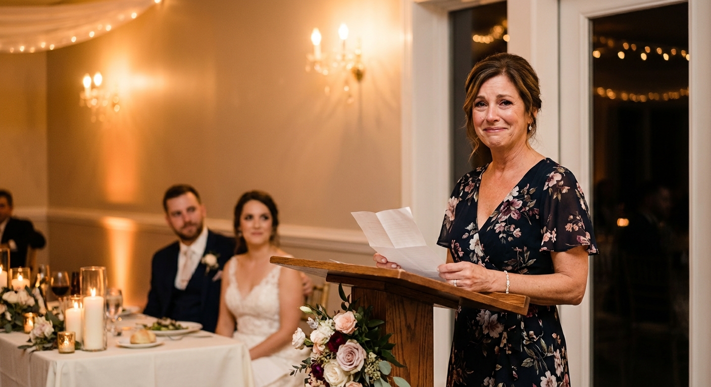 A mother of the groom standing at a podium during a wedding reception, smiling warmly with nostalgia.