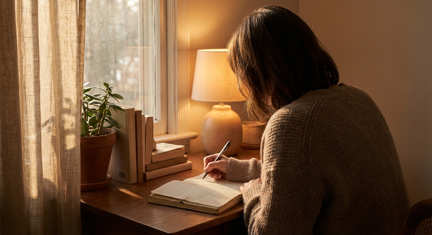A serene, warm-toned image of a person sitting at a desk, gently writing in a notebook, with soft light filtering in. The atmosphere is calm and reflective, suggesting thoughtful remembrance rather than distress. A subtle, comforting glow surrounds the person, emphasizing empathy and support.