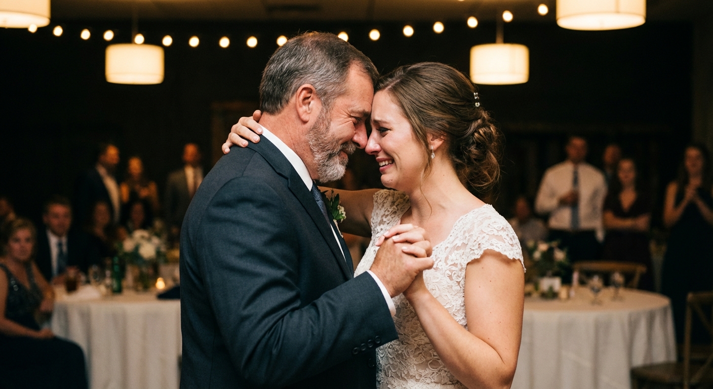 A father and daughter sharing a heartfelt moment at a wedding reception.