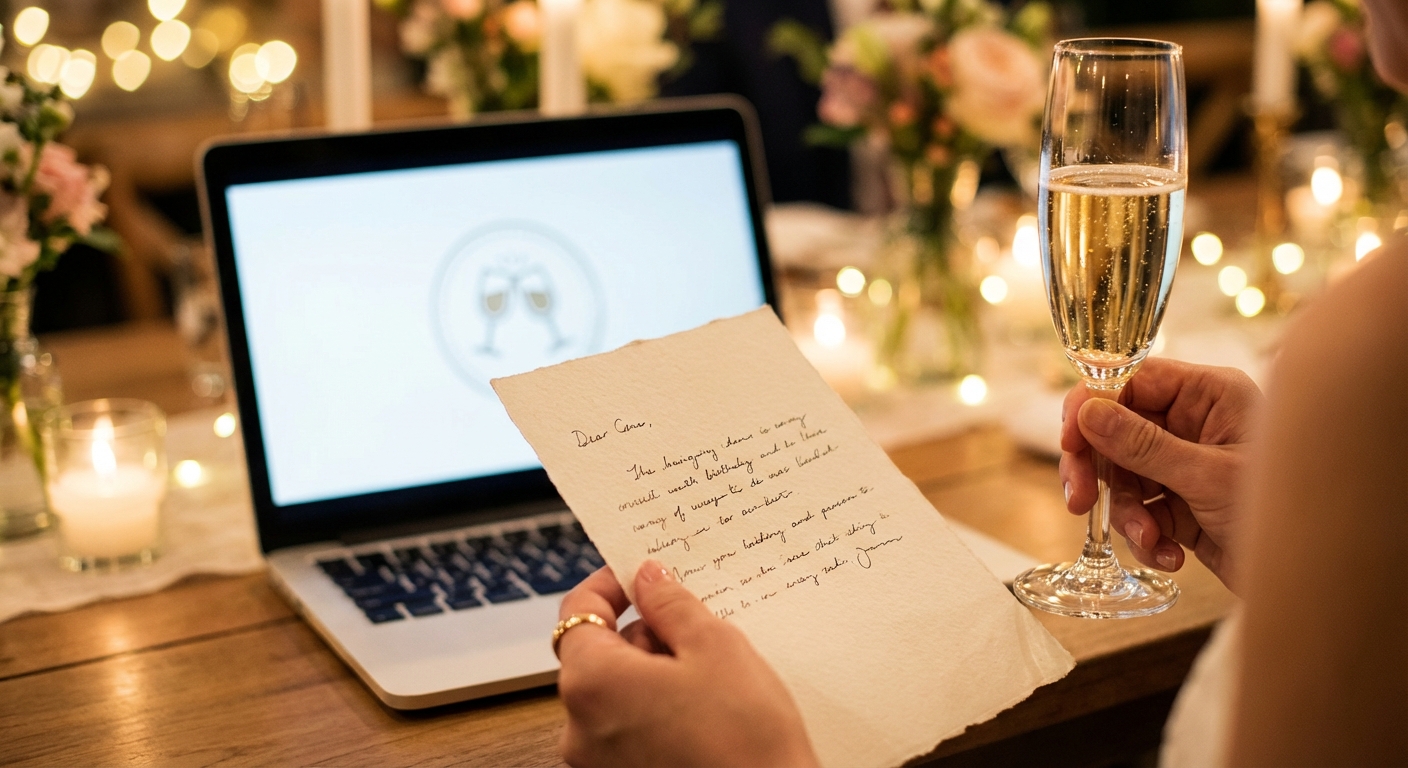 A close-up of a handwritten speech on elegant stationery with a 'ToastPal' logo subtly on a laptop screen in the background.