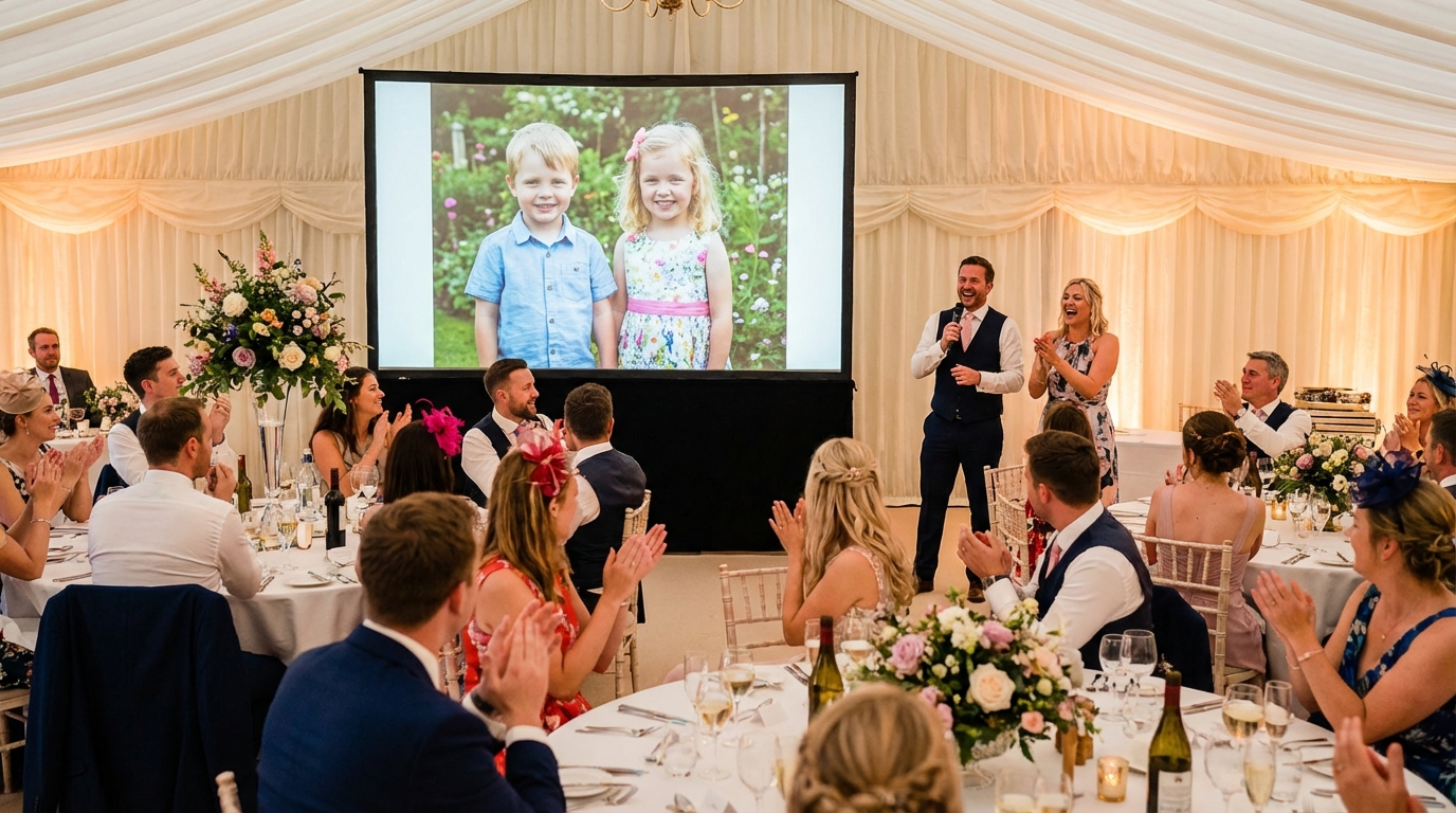 Joint wedding speech with a slideshow screen