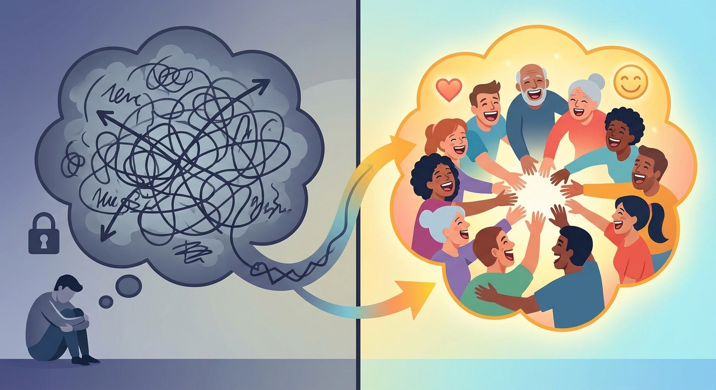 Graphic showing the difference between confusing inside jokes and inclusive universal stories.