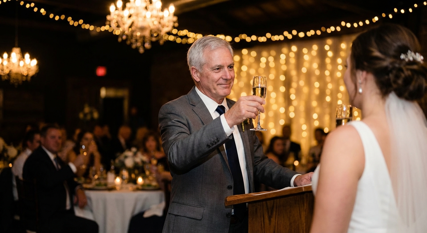 A sophisticated and warm image of a father of the groom standing at a podium during a wedding reception, holding a glass of champagne. He is looking towards a beautiful bride (his new daughter-in-law) with a look of genuine pride and welcome.