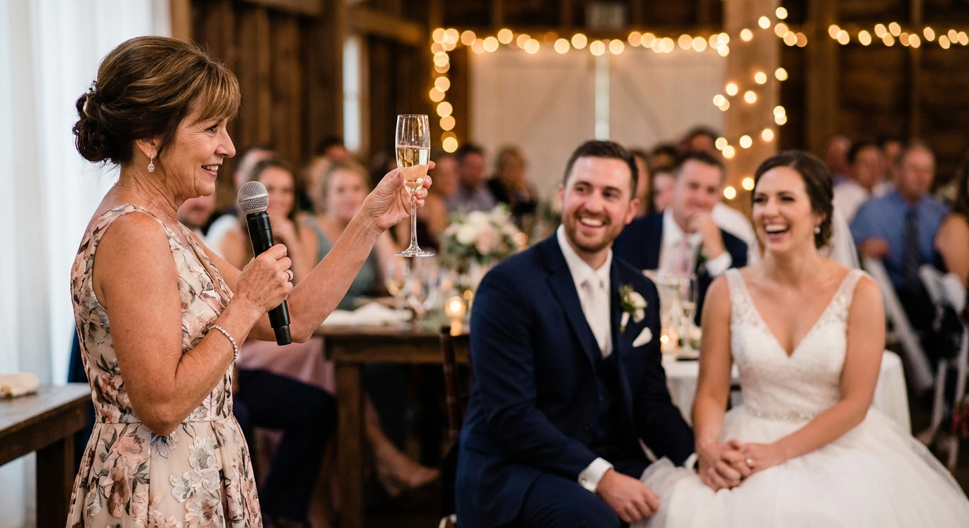 A heartwarming moment where the mother of the bride is raising her glass for a toast.