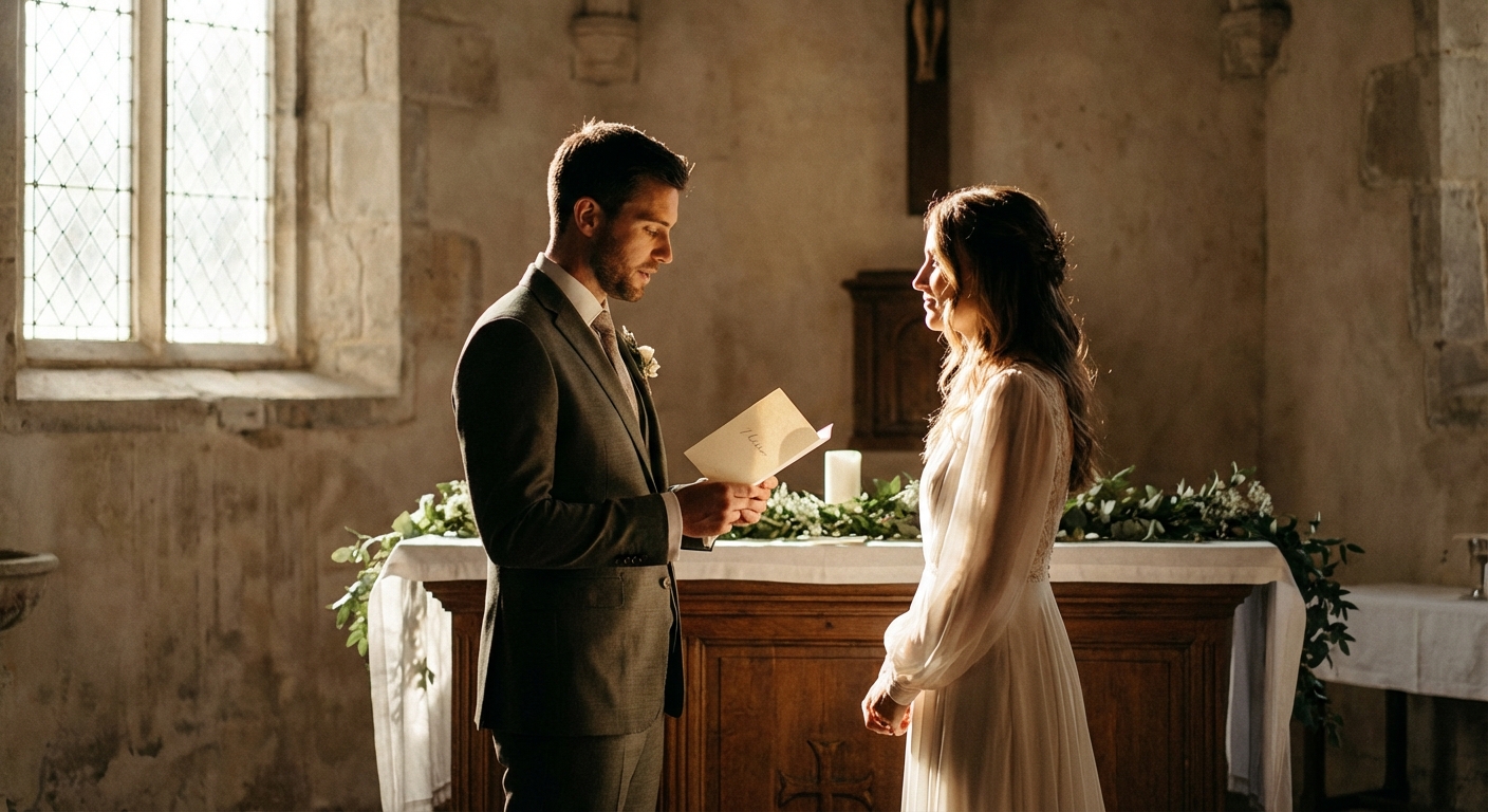A romantic photograph of a groom standing at the altar, looking deeply into his bride's eyes while holding a handwritten vow card.