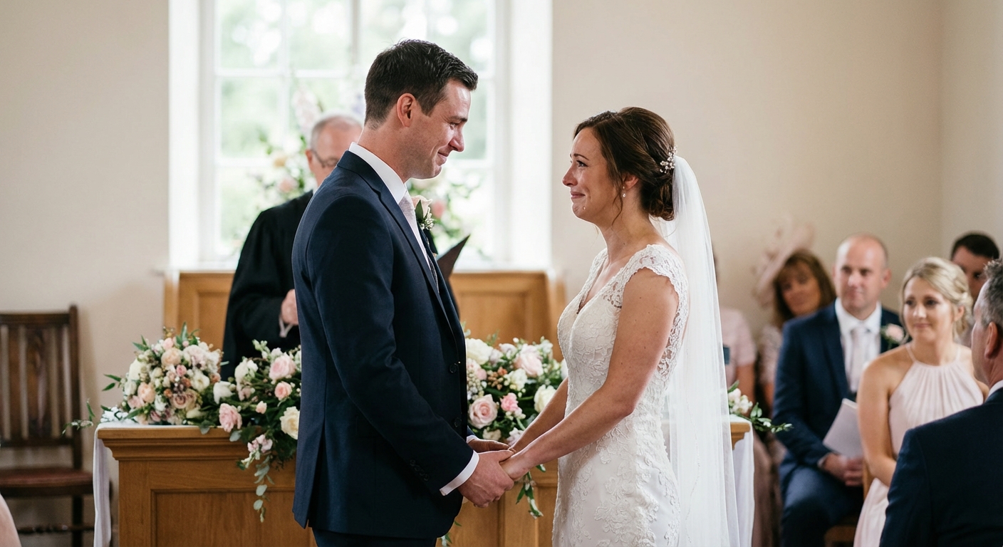 Bride and groom holding hands during vows
