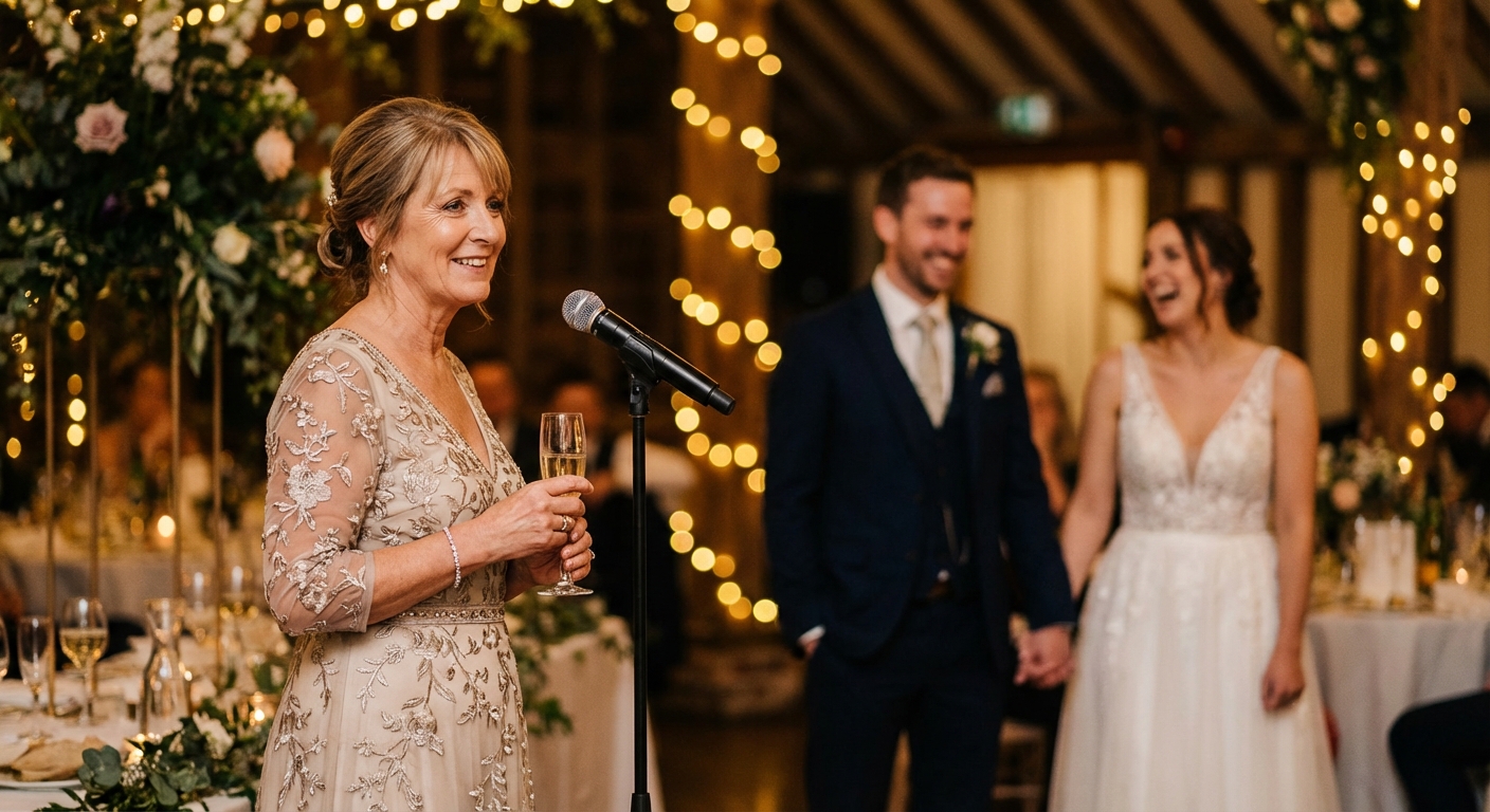 A warm, inviting image of a mother of the bride smiling genuinely, looking at her daughter and new son-in-law during a wedding speech. The background is softly blurred with wedding decor.