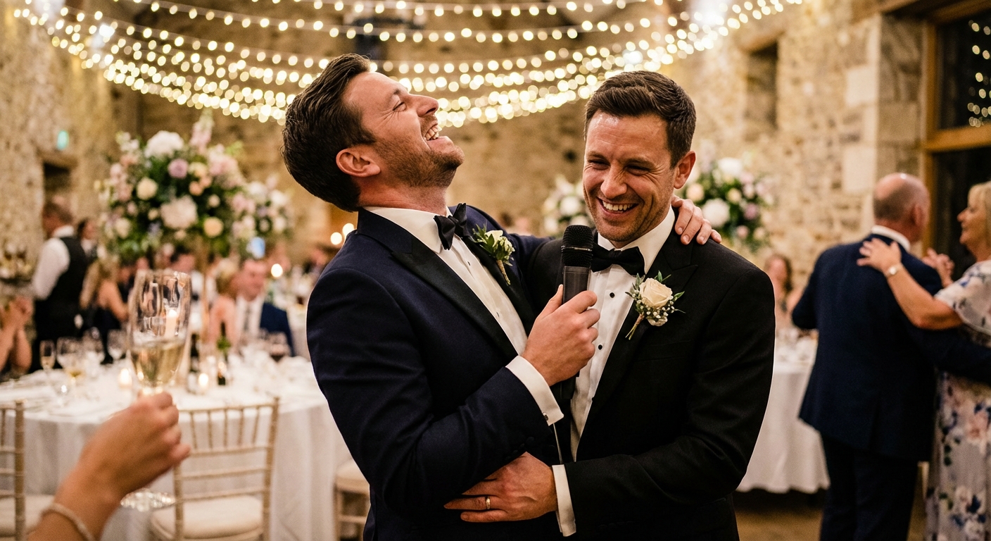 Best man giving a speech, with groom and bride in the background