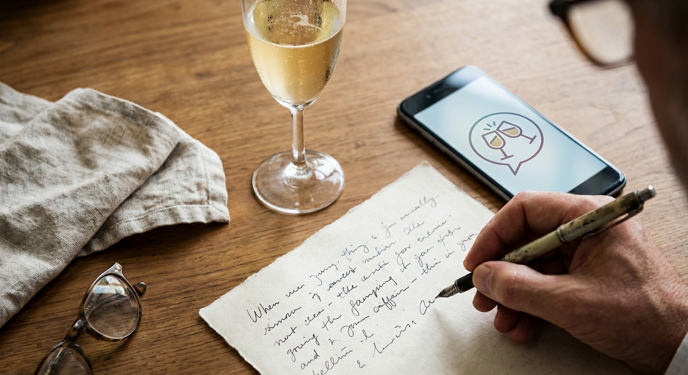 Hand-written speech and champagne with ToastPal app visible