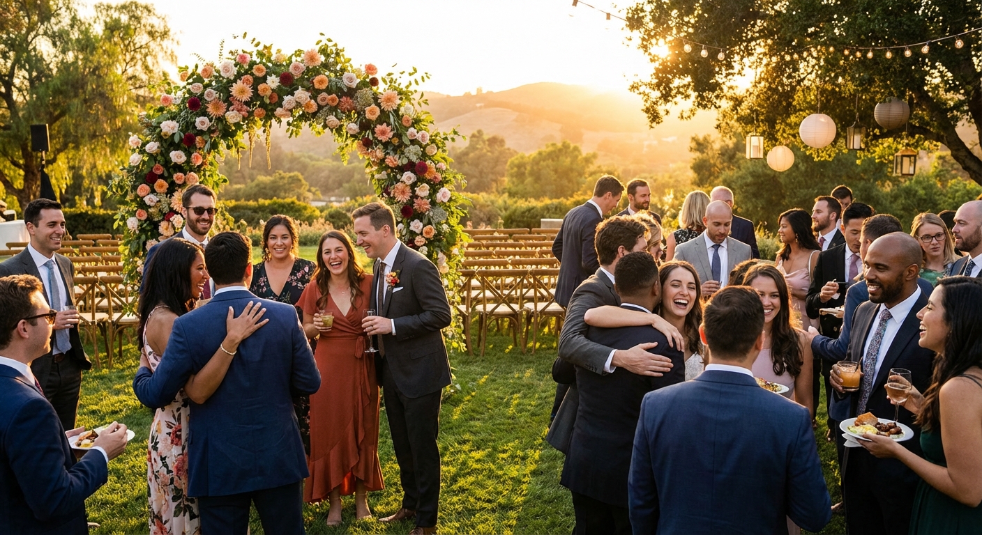 A beautifully decorated outdoor wedding ceremony space at sunset.