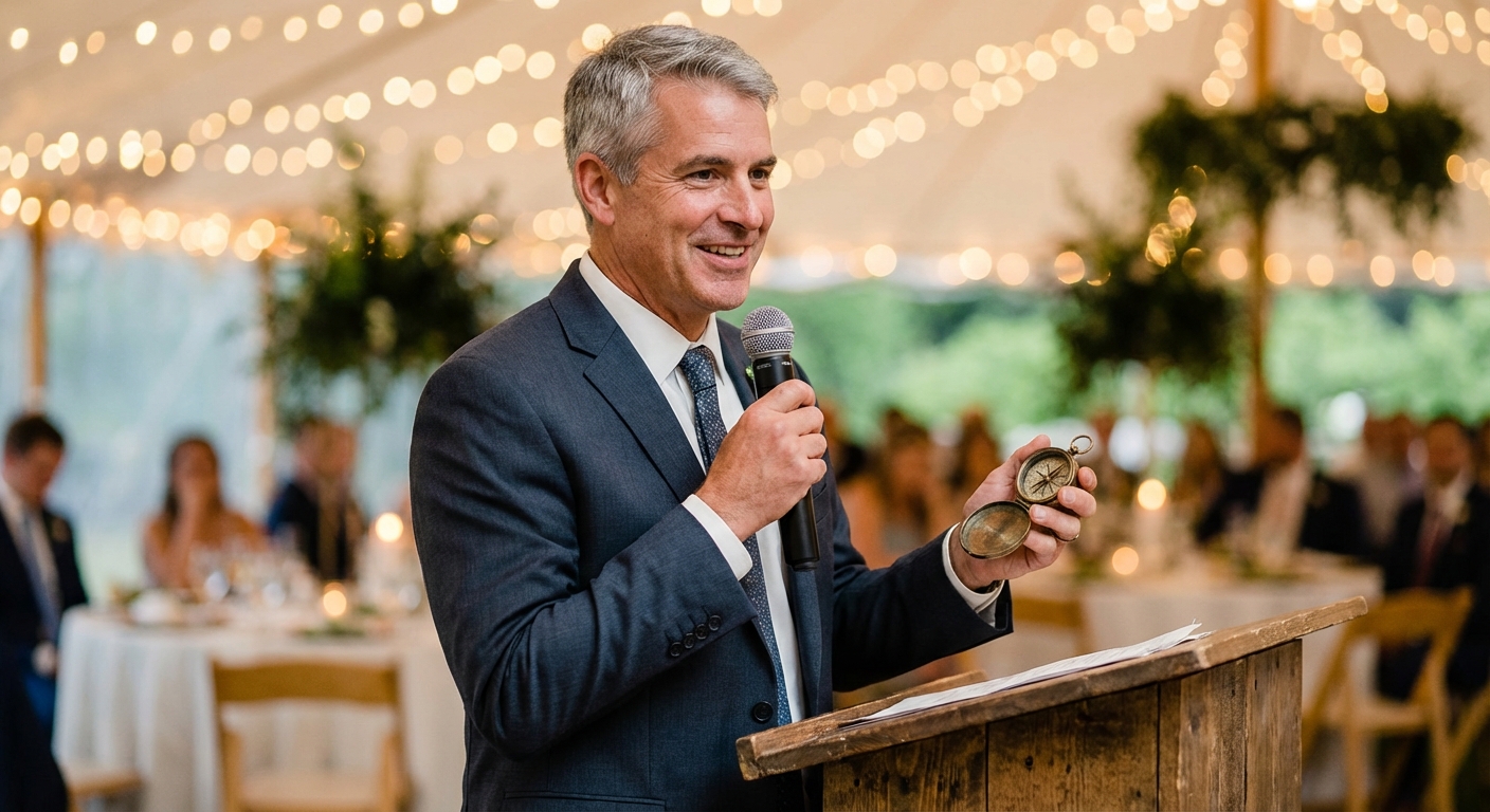 Wedding speaker holding a prop at a podium
