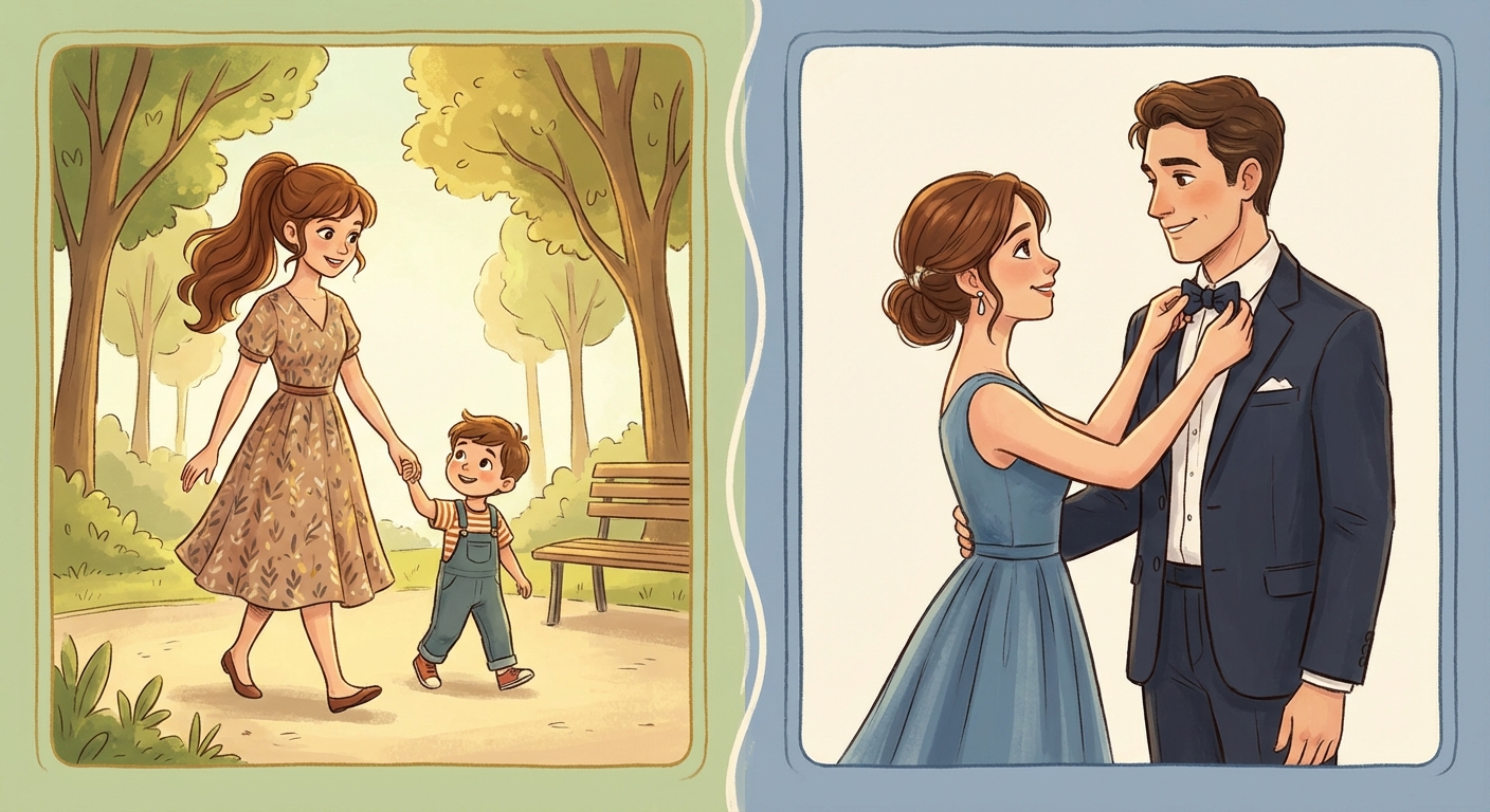 A split-screen illustration showing a mother with her young son and then adjusting his bowtie on his wedding day.
