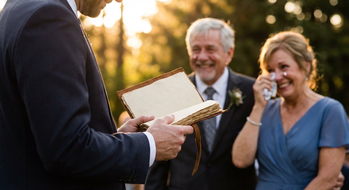 A close-up shot of a groom or bride holding a handwritten vow book, with their partner's parents visible in the soft-focus background.