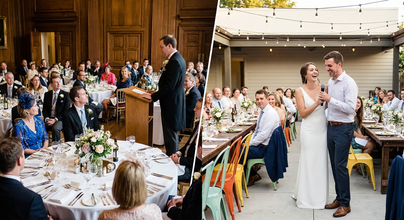 A split image showing two distinct wedding scenes. On one side, a traditional UK wedding reception with a formal setting, perhaps a father of the bride at a podium. On the other side, a modern US wedding reception with a more relaxed vibe, possibly a bride or a couple giving a joint speech with a casual microphone. The contrast highlights the differences in tradition and modernity.